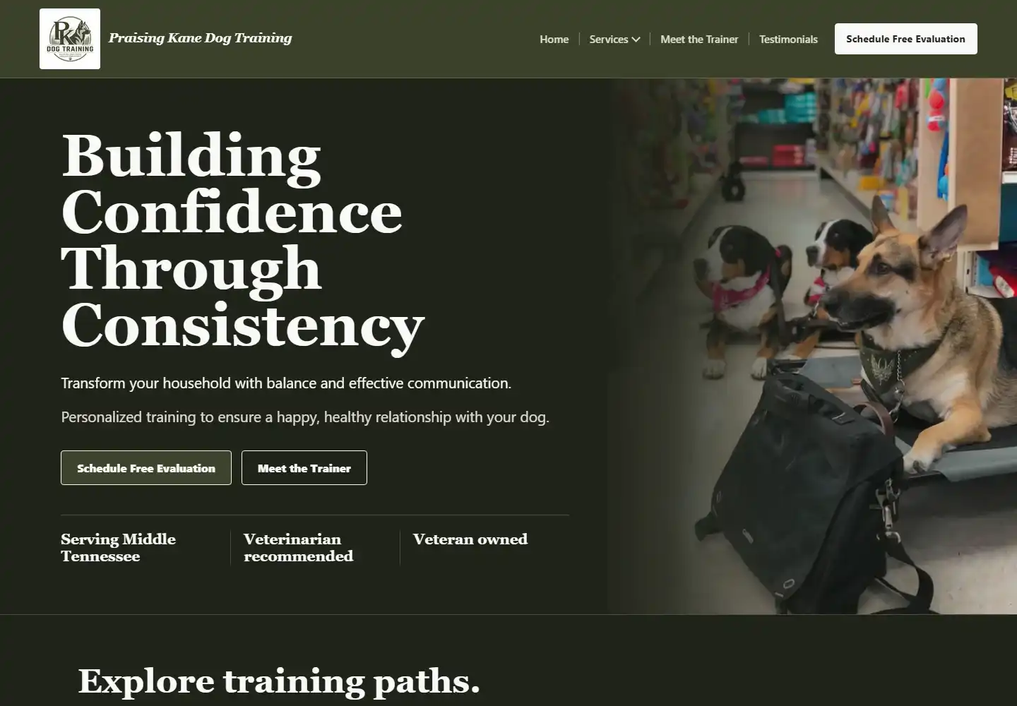 Screenshot of the Praising Kane Dog Training application or website